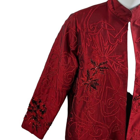 Tunique Nights Large Unisex Red Silk Blend Beaded Embroidered Lined Coat Vampire - Picture 5 of 15